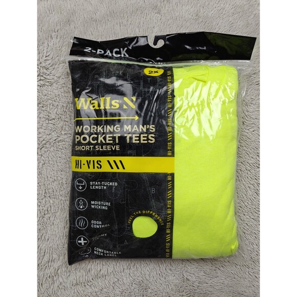 Walls 2pk Working Man's 2X XXL HI-VIS YELLOW Pocket Tee Short Sleeve T-Shirts - Picture 1 of 2